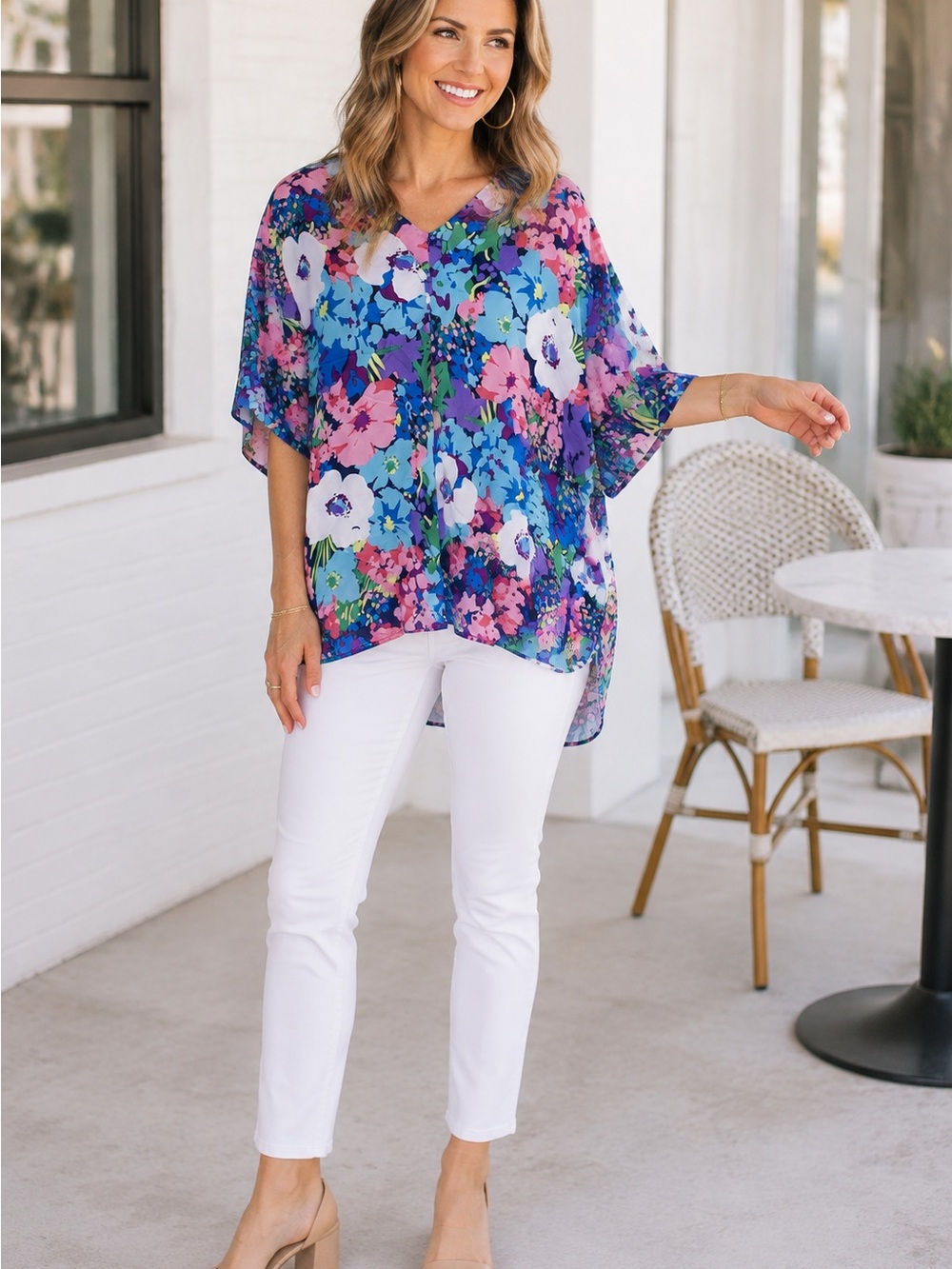 Jodifl Multicolor Floral Dolman Sleeve High Low Blouse Medium